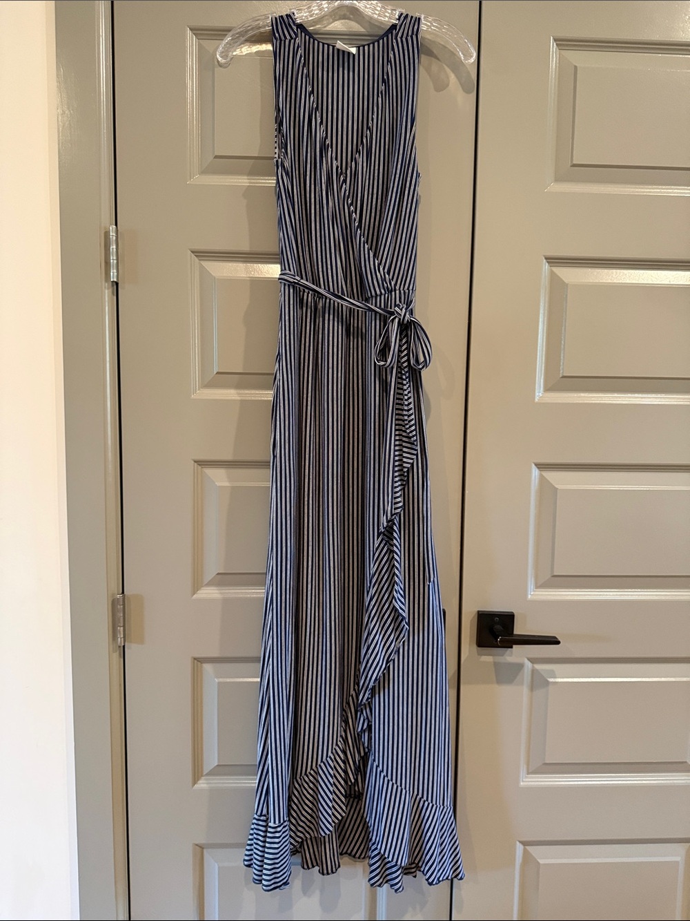 Soma Navy and White Striped Sleeveless Faux Wrap Maxi Dress